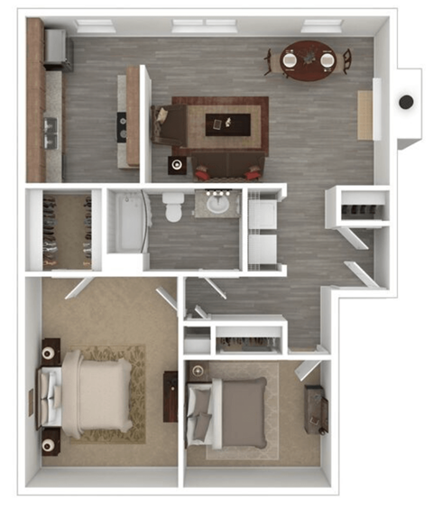 Floor plan for 2 beds, 1 bath, 885 sqft